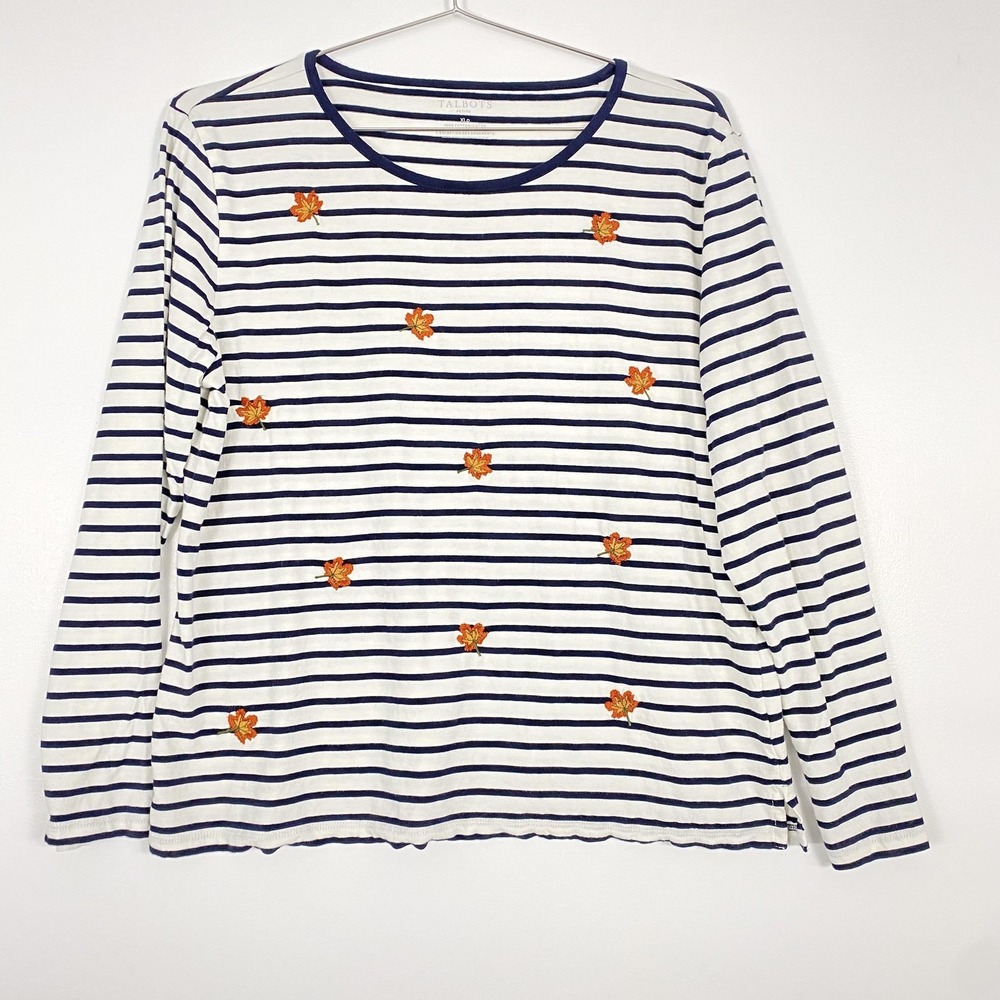 Talbots Shirt Womens XLP Petite‎ White Navy Stripe Embroidered Leaf Long Sleeve
